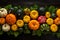 Top view many diversity vegetables whole orange green different pumpkin shapes Halloween background concept lantern