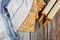 Top view of matzah, tallit and torah on wooden background