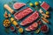 Top view of meat products on blue background. Raw beef, ham, bacon, vegetables, fruits and spices. generative ai