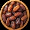 Top view of Medjool dates in wooden bowl, highly nutritious