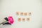 Top view Message I love you spelled in wooden blocks with pink peony flower on white wooden table. Love, Valentines day background