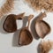 Top view of minimalistic wooden trays on the table