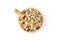 Top view of mixed variety kinds of natural cereal and grain seed pile in wooden bowl and spoon