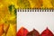 Top view mockup. Open sketchbook, notebook. Creative desk with autumn leaves. Space for text