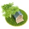 Top view modern small white frame tiny house in the Scandinavian style barn with an metal roof on an island with a green lawn and