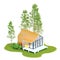 Top view modern small white frame tiny house in the Scandinavian style barn with an orange roof on an island with a green lawn and