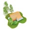Top view modern small white frame tiny house in the Scandinavian style barn with an orange roof on an island with a green lawn and