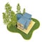 Top view of a modern small wooden tiny house in the Scandinavian style born with a metal roof on an island with a green lawn and