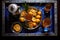 top view of a moroccan tea tray with glasses and teapot