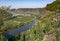 Top view on Mosel river valley and green terraced vineyards, Germany, production of quality white and red wine, riesling