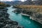 Top view of the mountain river in the gorge between the rocks, amazing natural landscape. Katun river valley, Altai Republic,