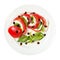 Top view mozzarella and tomato with basil leaves