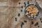 Top view of muesli bowl with blueberries. Diet breakfast in the morning.