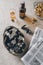 top view of mussels with ice cubes beer peanuts and newspapers