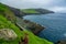 Top view of Mykines suspension bridge in Faroe Islands