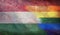 Top view of national lgbt retro flag of Hungary with grunge texture, no flagpole. Plane design, layout. Flag background. Freedom