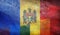 Top view of national lgbt retro flag of Moldova with grunge texture, no flagpole. Plane design, layout. Flag background. Freedom