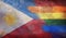 Top view of national lgbt retro flag of Philippines with grunge texture, no flagpole. Plane design, layout. Flag background.