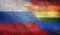 Top view of national lgbt retro flag of Russia with grunge texture, no flagpole. Plane design, layout. Flag background. Freedom