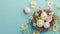Top view of nest with colorful Easter eggs and flowers. Easter decorative banner