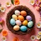 Top view of nest with Easter eggs and flowers, pastel colors