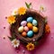 Top view of nest with Easter eggs and flowers, pastel colors