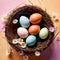 Top view of nest with Easter eggs and flowers, pastel colors