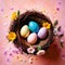 Top view of nest with Easter eggs and flowers, pastel colors