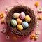 Top view of nest with Easter eggs and flowers, pastel colors