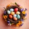 Top view of nest with Easter eggs and flowers, pastel colors