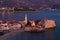 Top view of night old city Budva with beautiful backlighting