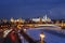 Top view of night wintry Moscow, the Kremlin, Big Stone bridge and Prechistenskaya embankment and Moscow river