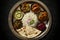 Top view of a north Indian Thali dish served in a plate