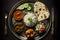 Top view of a north Indian Thali dish served in a plate