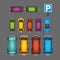 Top view of numerous cars and buses at parking place vector illustration