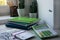 Top view of office desk with office supplies. Conceptual image of office work, financial documents and business economics