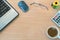 Top View Of Office Wooden Desk With Notebook, Mouse, Glasses, Fl