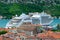 Top view of Old Town and cruise ship, Kotor, Montenegro