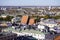 Top view of the old town of Krakow, low-rise buildings with old houses, colorful roofs with antennas and chimneys