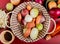 top view of onions in basket with sliced one in bowl, butter, black pepper seeds on red background