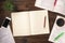 Top view of an open books with cup of coffe, smartphone, home plant and open blank notepad