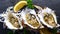 Top View of Oysters in Shells with Lemon on Black Textured Slate Background