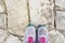 Top view of pair of sneakers shoes on paving stone