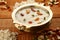 Top view-Palada payasam-a delicious dessert made with rice, milk. sugar and dry fruits