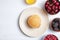 Top view pancake with summer berry on white background. Flat lay food for breakfast. homemade american pancakes with fresh sweet