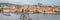 Top view panorama of ancient Charles Bridge crosses Vltava river in Prague.