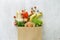 Top view paper bag of different health food