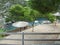 Top view of parasols in front of Porto Limnionas beach restaurant