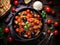 Top view of Pasta alla Norma, served in a rustic bowl, surrounded by ingredients like fresh tomatoes and eggplant, on a white