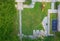 Top view of pathway in the backyard from drone. the concrete walkway from cement for exterior walk.